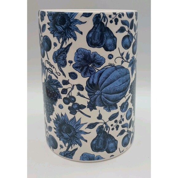 Blue & White Utensil Crock Fall Harvest Pumpkin Pears Grapes Apples - Picture 3 of 6